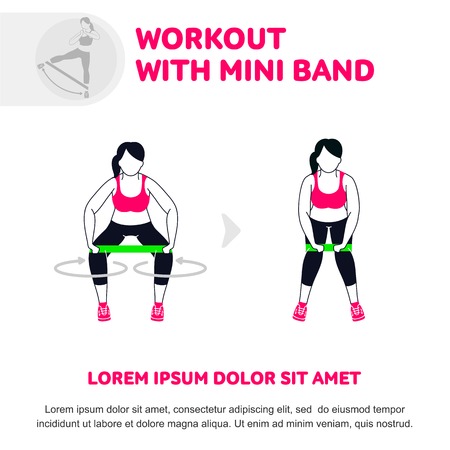 Workout with mini band. Fitness, Aerobic and workout exercise in gym. Vector set of gym icons in flat style isolated on white background. People in gym. Gym equipment.のイラスト素材
