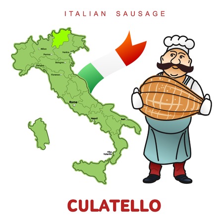 Chef with italian sausage and italian map vector illustration. Delicatessen pig meat, raw and country ham, salami slices, sausage and bacon. Full color illustration isolated on a white backgroundのイラスト素材