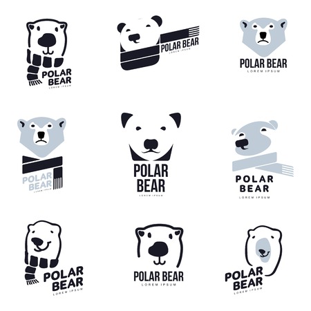 Set of stylized graphic polar bear logo templates. Collection of creative polar bear logotype templates, growth, development, power concept. Vector illustration isolated on white background.のイラスト素材