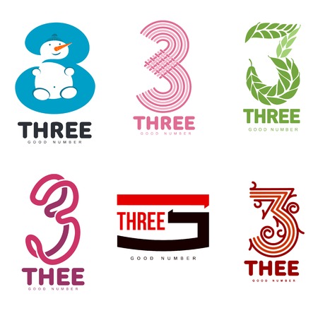 Number three logo templates. Full color graphic number three logo templates, corporate identity, vector illustrations isolated on white background.のイラスト素材