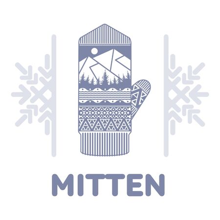 Winter mittens illustrations in soft vintage colors. Mittens logo templates with the image of mountains and pine. Vector illustrations isolated on white background.のイラスト素材