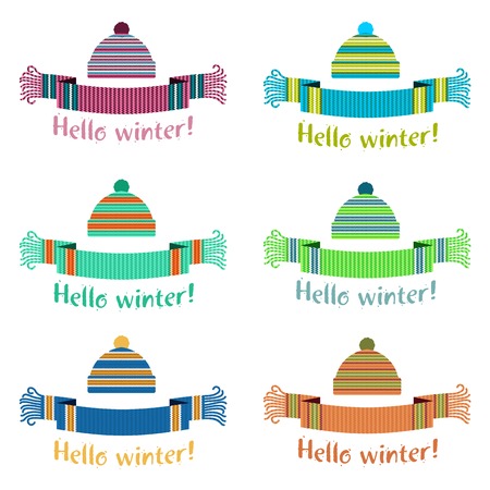 Warm knitted winter scarf and cap with the inscription Hello Winter. Vector flat Illustration. Web banners, advertisements, brochures, business templates. Isolated on a white background.のイラスト素材