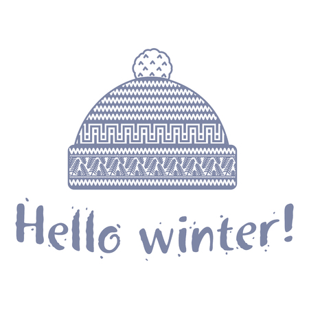 Winter cap illustrations in soft vintage colors. Mittens icon templates with the image of mountains and pine. Vector illustrations isolated on white background.のイラスト素材