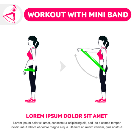Workout with  band. Fitness, Aerobic and workout exercise in gym. Vector set of gym icons in flat style isolated on white background. People in gym. Gym equipment.のイラスト素材