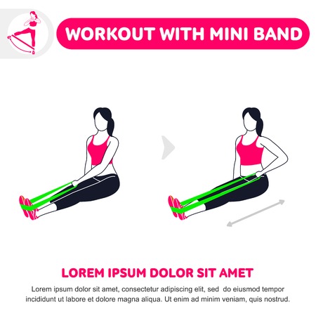 Workout with  band. Fitness, Aerobic and workout exercise in gym. Vector set of gym icons in flat style isolated on white background. People in gym. Gym equipment.のイラスト素材