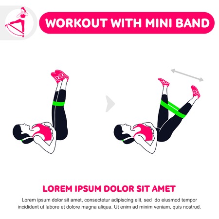 Workout with mini band. Fitness, Aerobic and workout exercise in gym. Vector set of gym icons in flat style isolated on white background. People in gym. Gym equipment.のイラスト素材