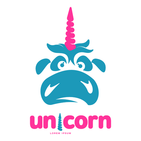 Funny unicorn face graphic icon template. Full color cartoon unicorn head and rainbow icon design for web, advertisements, brochures, business templates. Vector illustration on white background.のイラスト素材