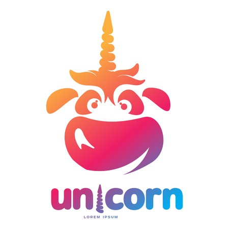 Funny unicorn face graphic icon template. Full color cartoon unicorn head and rainbow icon design for web, advertisements, brochures, business templates. Vector illustration on white background.のイラスト素材