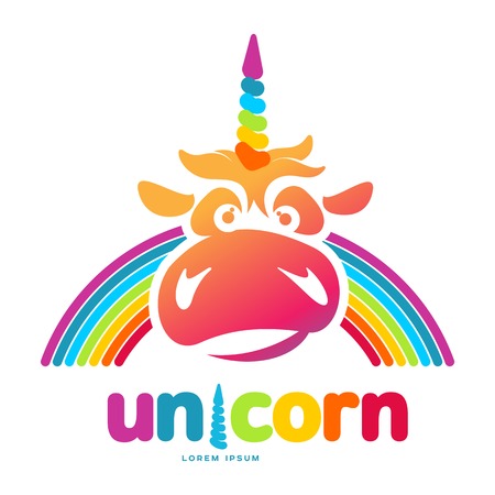Funny unicorn face graphic logo template. Full color catroon unicorn head and rainbow logo design for web, advertisements, brochures, business templates. Vector illustration on white background.のイラスト素材