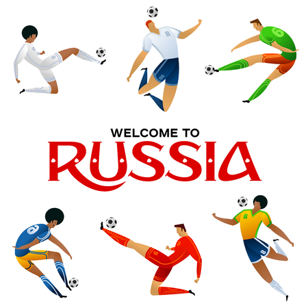 Soccer player colored illustration set. Football player in championship. Vector illustration in flat style isolated on white background.のイラスト素材