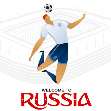 Soccer player against the background of the stadium with Welcome to Russia text.のイラスト素材