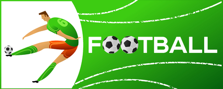 Banner with soccer player. Lettering Football with two ball. Football player in campionship. Fool color vector illustration in flat style isolated on white background.のイラスト素材