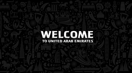 Vector illustration black background. Lettering welcome to United Arab Emirates. World of UAE pattern with modern and traditional elements. 2018, 2019 trend. Asian Football Cupのイラスト素材