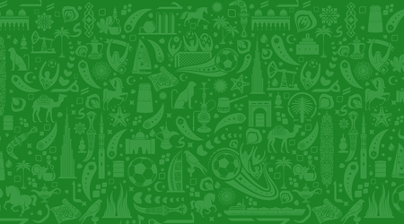 Vector illustration green background. Lettering welcome to United Arab Emirates. World of UAE pattern with modern and traditional elements. 2018, 2019 trend. Asian Football Cupのイラスト素材