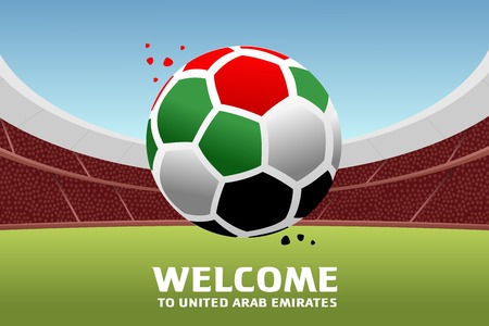 Vector illustration of a soccer ball in the colors of the national flag. On the background of the football arena. 2018, 2019. Asian Football Cup, Club World Cup in the United Arab Emirates.のイラスト素材