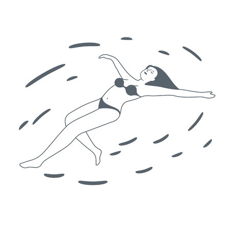 Young woman resting on swimming pool water background. Summer rest. Sea vacation. Web graphics, banners, brochures, business templates. Vector line illustration.のイラスト素材