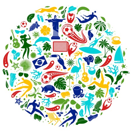 Vector illustration green background. World of Brasil pattern with modern and traditional elements. 2019 trend. Championship Conmeball Copa America 2019 in Brazil. Vector illustration in flat style.のイラスト素材