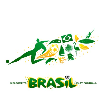 Vector illustration green background. World of Brasil pattern with modern and traditional elements. 2019 trend. Championship Conmeball Copa America 2019 in Brazil. Vector illustration in flat style.のイラスト素材