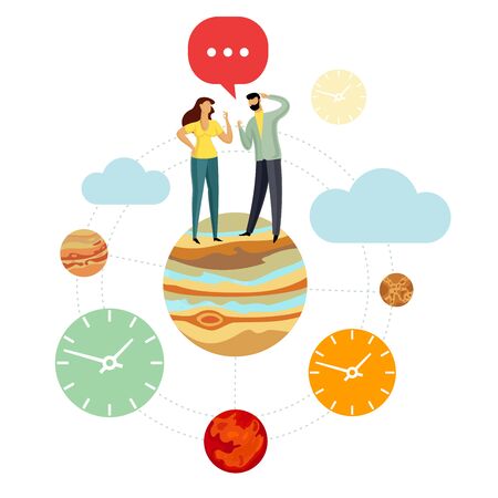 Vector flat illustration planets of the solar system with young development specialist. Teamwork, development, messages in social networks and messengers. Isolated on a white backgroundのイラスト素材