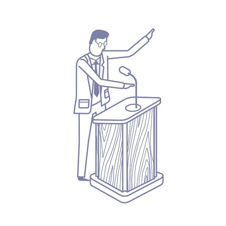Vector flat illustration pictogram the speaker behind the podium gives a lecture. Scenes with people successfully organizing their tasks and appointments.のイラスト素材