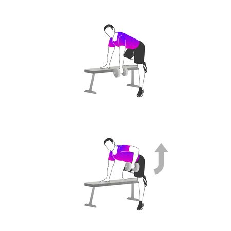Fitness exercises for strong and beautiful Back and Biceps. Fitness, Aerobic and workout exercise in gym. Vector set of gym icons in line style isolated on white background. People in gym. Gym equipment.のイラスト素材