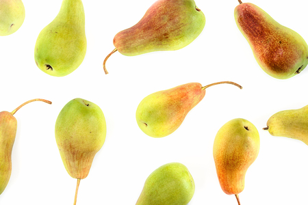 Delicious ripe pears with leaf on white background. Top view.の写真素材