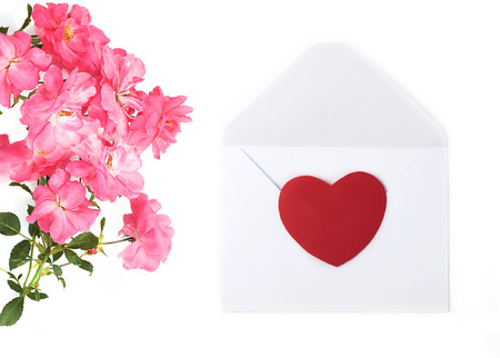 Love theme. Open white envelope for romantic mail and beautiful  pink roses. Trendy concept for...