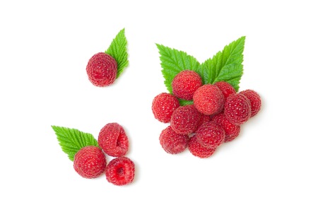 Raspberry with leaves isolated on white background. Set of Ripe raspbarry