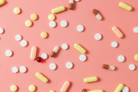Assorted pharmaceutical medicine pills, tablets and capsules.Pills background. Heap of assorted...