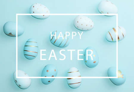 Easter background with Easter eggs on blue background. Spring holiday. Top view, Flatlay
