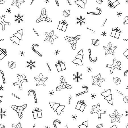 Christmas vector seamless pattern with gift and snowflake, present, tree icon on white background for holiday wrapper paper.のイラスト素材