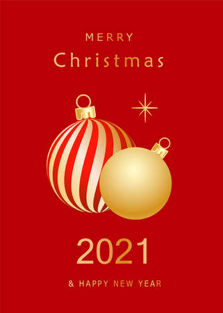 Happy New Year card or Merry Christmas greeting poster for festive winter holiday with golden gradient ball, tree on red background in modern design. Xmas poster flyer in vectorのイラスト素材