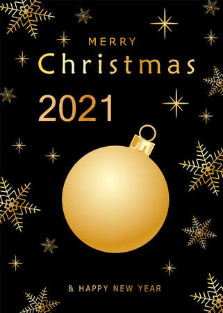 Happy New Year card or Merry Christmas greeting poster for festive winter holiday with golden gradient ball, tree on black background in modern design. Xmas poster flyer in vectorのイラスト素材
