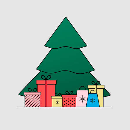 Christmas banner. Tree and many cute present. Xmas poster, greeting cards, headers, websiteのイラスト素材