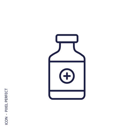 Medicine in bottle vector thin line icon in flat design. Simple graphic medical icons for website, hospital, pharmacy. Outline sign for web button, shop. Medicine and health symbol concept.のイラスト素材