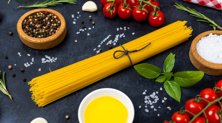 Food background from pasta, spices, herb on black table. Menu, recipe mock up food concept. Background with copy space for text. Top viewの写真素材
