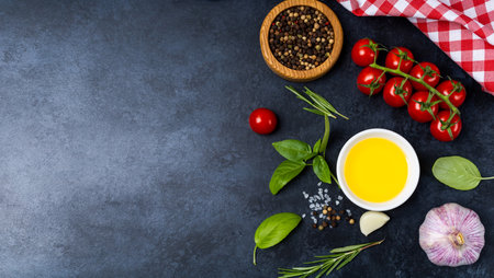Food background from vegetable, spices, herb on black table. Menu, recipe mock up, banner background with copy space for text. top viewの写真素材