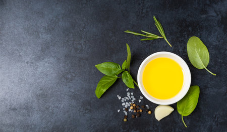 Food background from vegetable, spices, herb on black table. Menu, recipe mock up, banner background with copy space for text. top viewの写真素材
