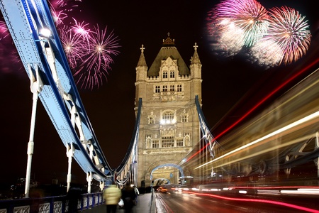 Tower bridge with firework, celebration of the New Year in London, UKの写真素材