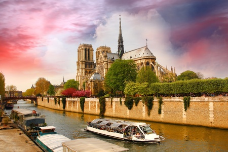 Paris, Notre Dame with boat on Seine, France の写真素材
