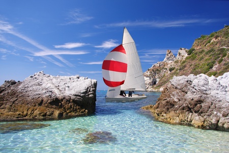 Luxury yacht in azure bayの写真素材
