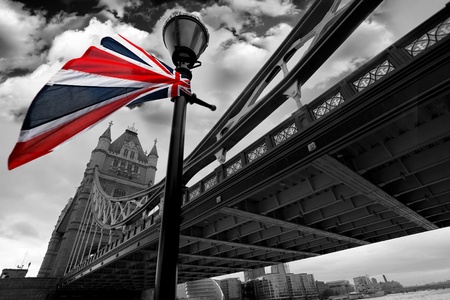 London Tower Bridge with colorful flag of Englandの写真素材