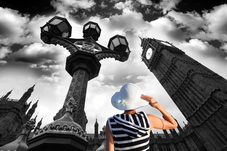 Big Ben with woman in London, UKの写真素材