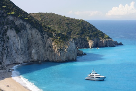 Coast of Greece with tourist boat, Lefkas Islandの写真素材