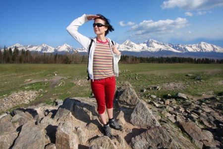  Tourist woman in the mountainの写真素材
