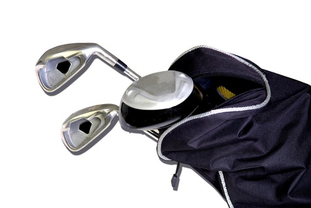 Black bag with golf clubs isolated on white backgroundの写真素材