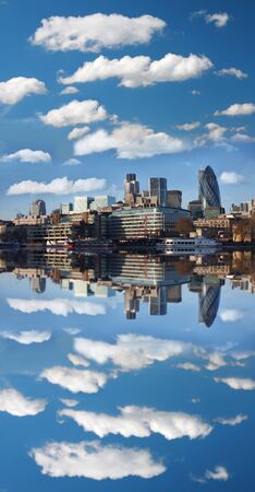 Modern London cityscape with boat, LONDON, UKの写真素材