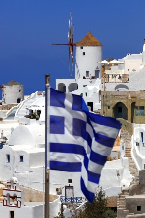 Santorini with famous windmill in Greece, Oia villageの写真素材