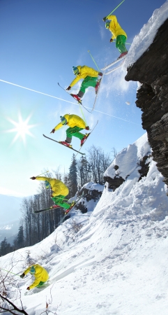 The whole jump of Skier from high rockの写真素材