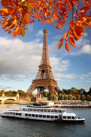 Eiffel tower against autumn tree in Paris, Franceの写真素材